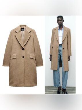 ZARA Camel Tan Brown Single-Breasted midi Coat flap pockets M NWOT bloggers fave